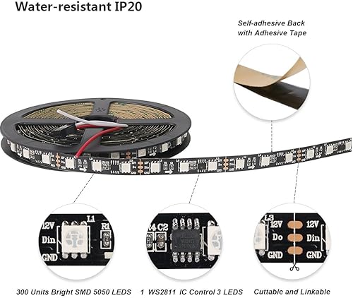 Miniatura 2 de WS2811 Tira LED 16.4ft 5M 300LEDs WS2811 5050 RGB SMD Digital Dream Color Direccionable Flexible LED Tira de Luz IP30 No Impermeable DC12V con Mini