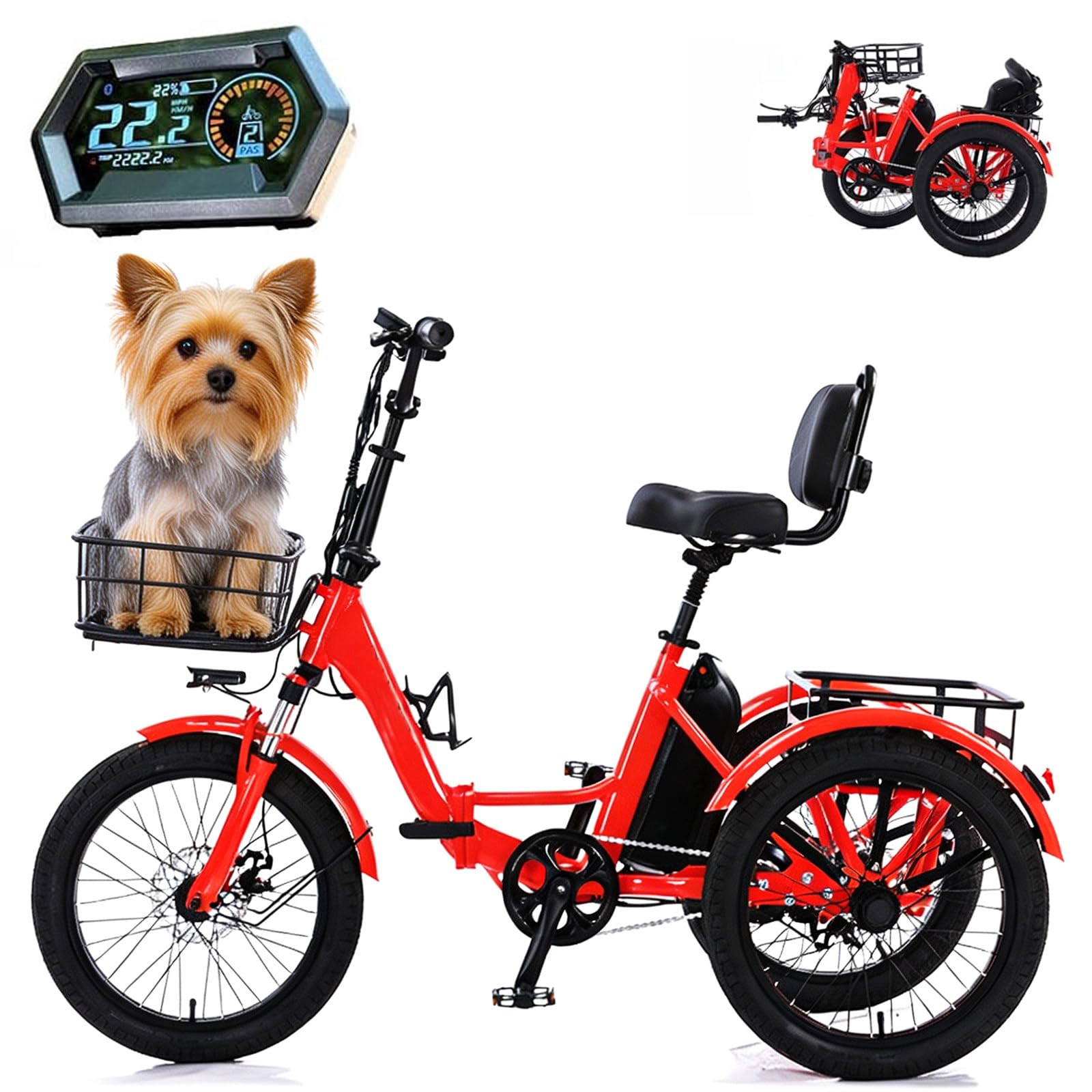 BuilfutenM 3 Wheel Electric Tricycle Bike Pedal Adult Bike Fat Tyre with Cargo Basket Easy Climbing Load Capacitay Fat Tire for Adults,Comfortable Rides 20Inch-Red