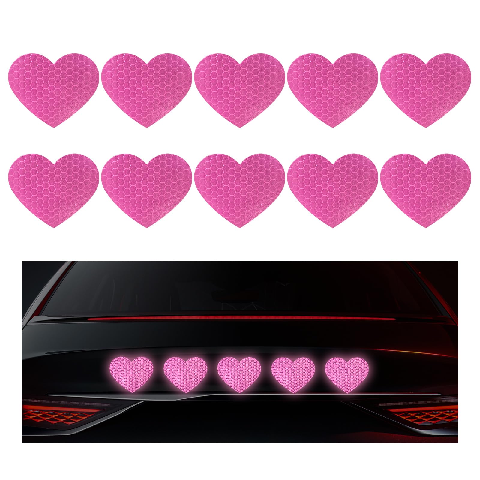 10PCS Vinyl Decal for Cars, High Intensity Reflective Sticker Night Safety Sign Bumper Decals, Waterproof Grid Vinyl Stickers Scratch Cover for Auto Window Laptop (Heart, Pink)