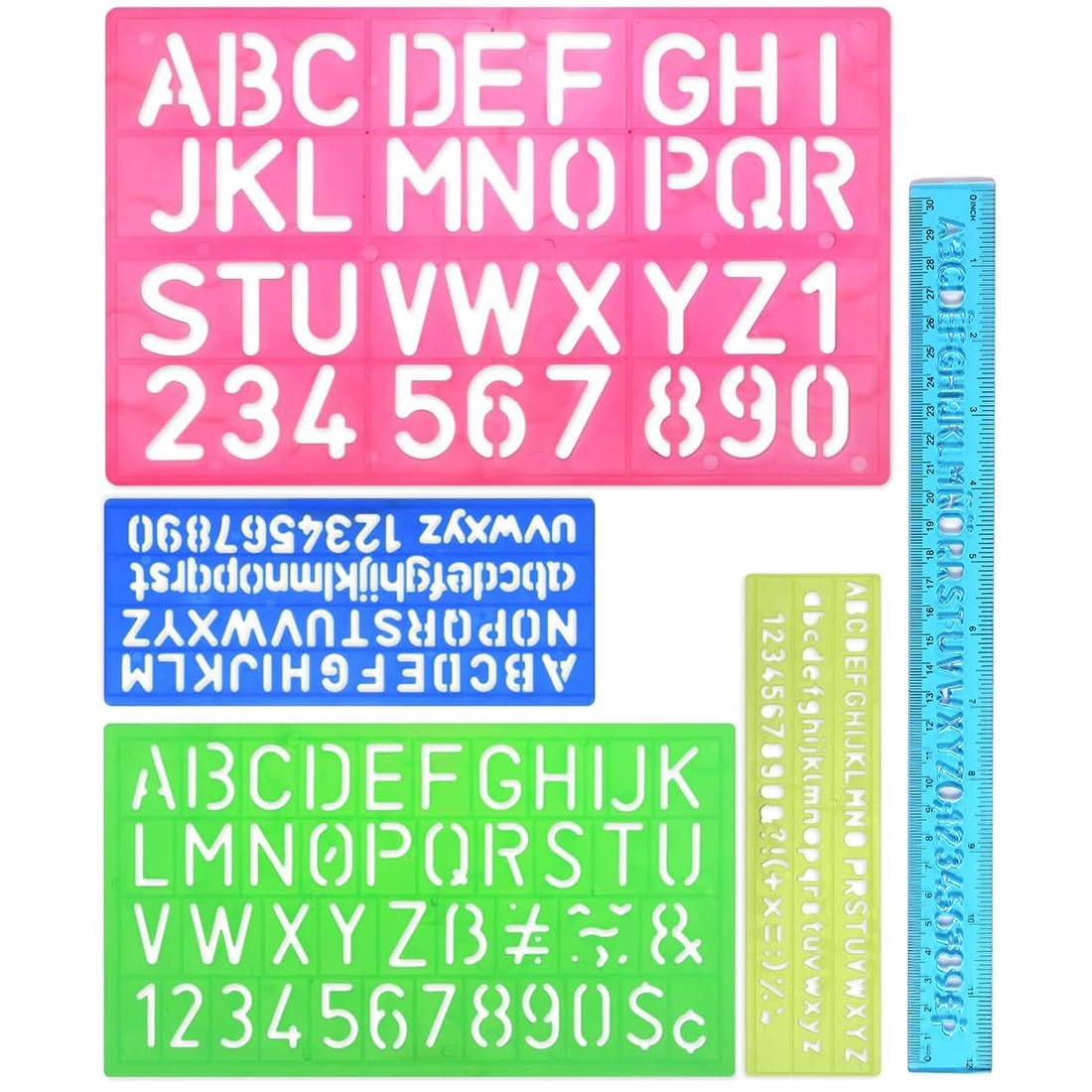 5 pezzi di normografo, stencil lettere e stencil bambini, contenenti numeri e simboli, adatti all'apprendimento, al disegno e ai lavoretti dei bambini