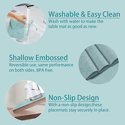 Miniatura 6 de Juego de 6 manteles individuales de piel sintética de 17 x 12 pulgadas, color azul hielo, lavables, lavables y resistentes al calor, manteles