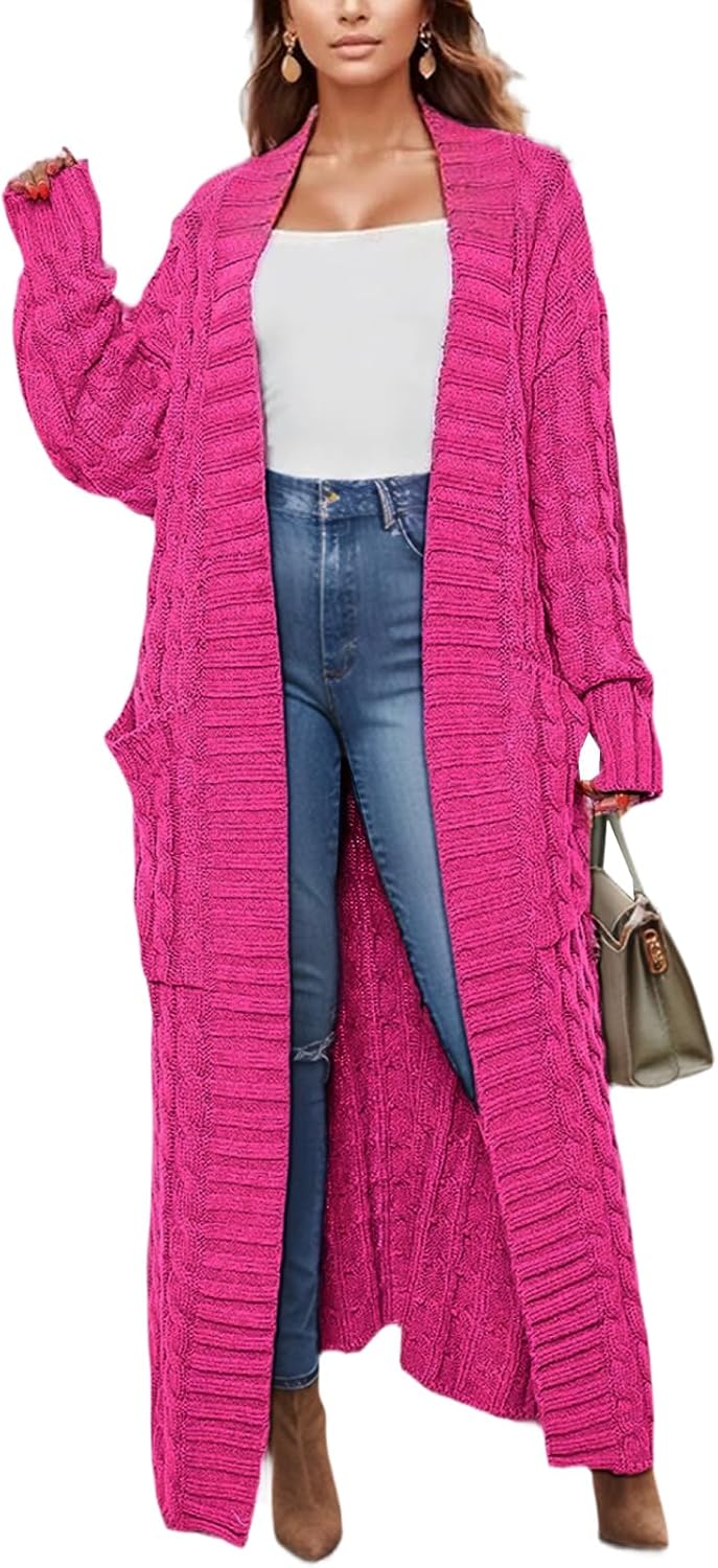 Sheocivy Long Cardigan Sweaters for Women 2026 Spring Fall Open Front Long Sleeve Clable Knit Sweater Coat with Pockets