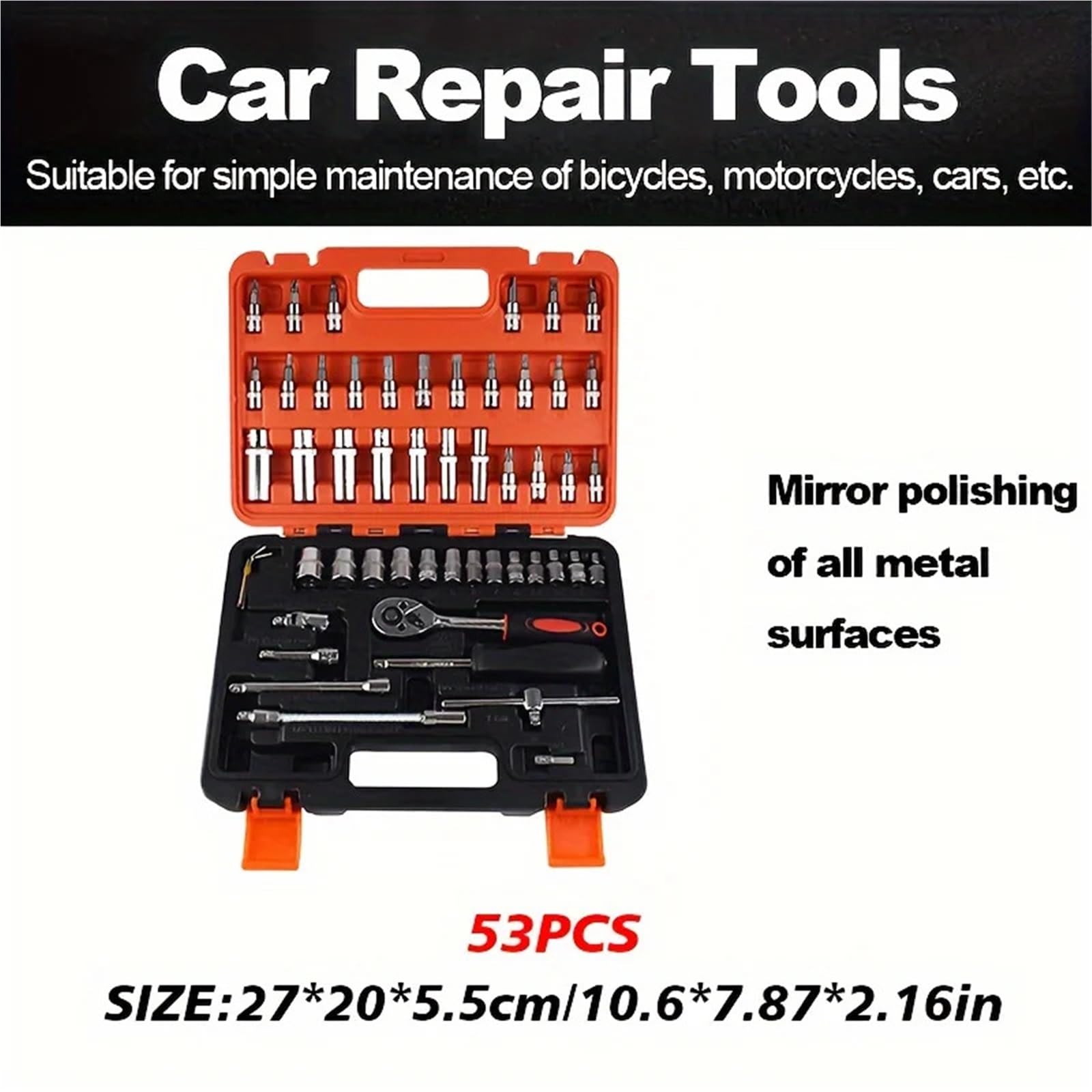 Juego de Herramientas reparación automóviles 53 Piezas con Vasos y Estuche, construcción Acero, for Motocicletas Calle Mantenimiento vehículos para Hogar o Garaje(46pc Set Black)