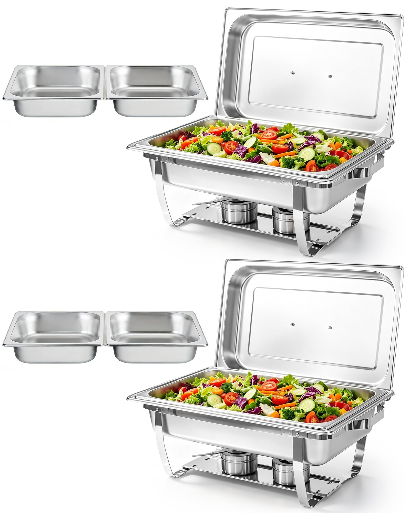 Chafing Dishes Buffet 2pcs, 9L, Scalda Vivande Portatile Rettangolare con Coperchio a Scomparsa [2 Vaschette Intere 4 Mezze Vaschette] Scaldavivande per Feste, Compleanni, Festività, Eventi in Chiesa