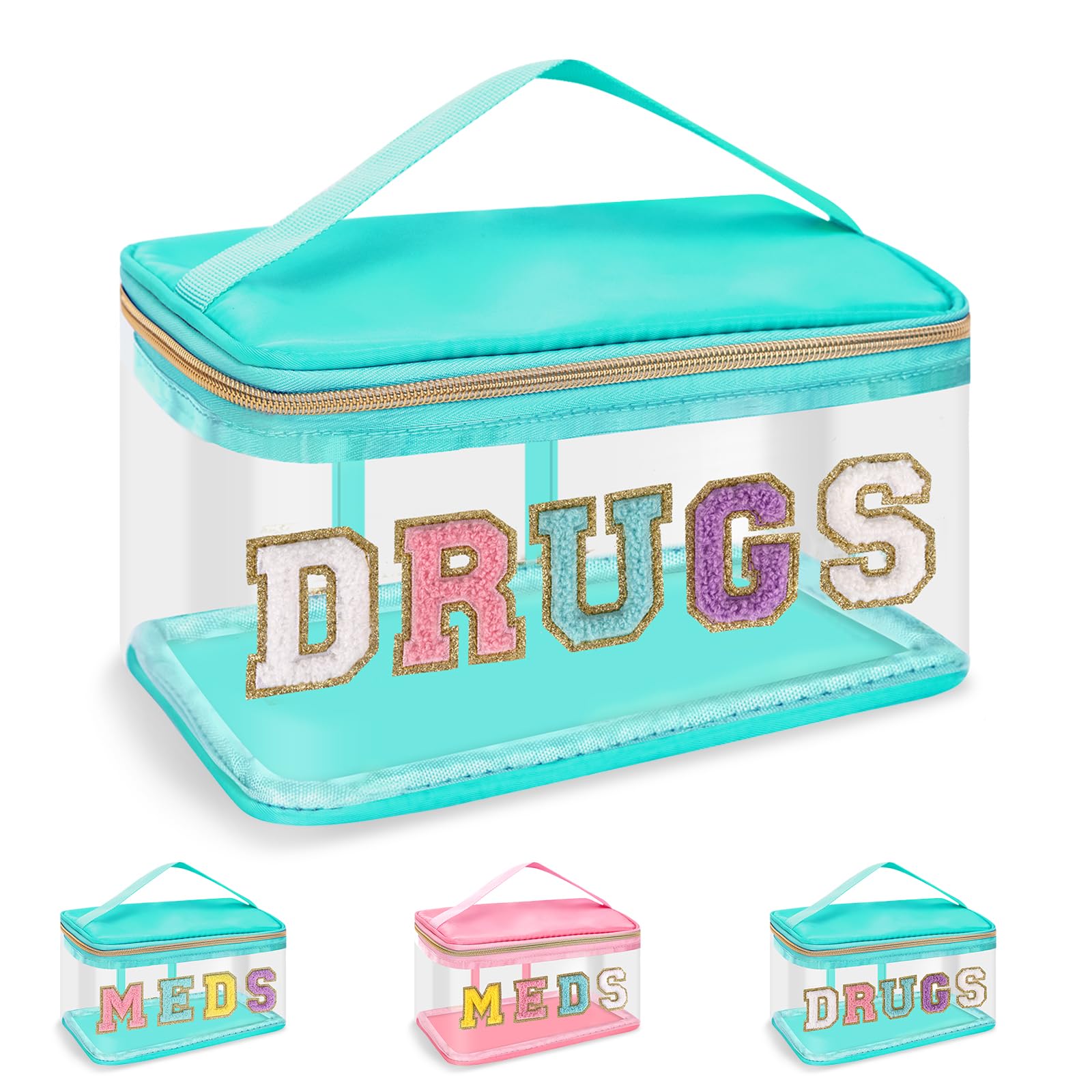 Clear Patch Letter Bag Medicine Drugs Pouch with Handle Travel Chenille Letter Makeup Cosmetic Bag for Women Girls