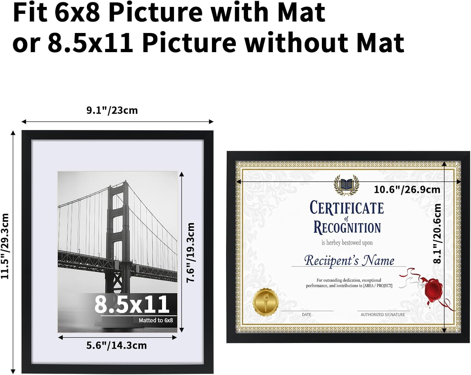 CRUGLA 8.5x11 Picture Frames Set of 11, Display Pictures 6x8 with Mat or 8.5 by 11 without Mat, Certificate Diploma Photo Wall or Tabletop Display, Black