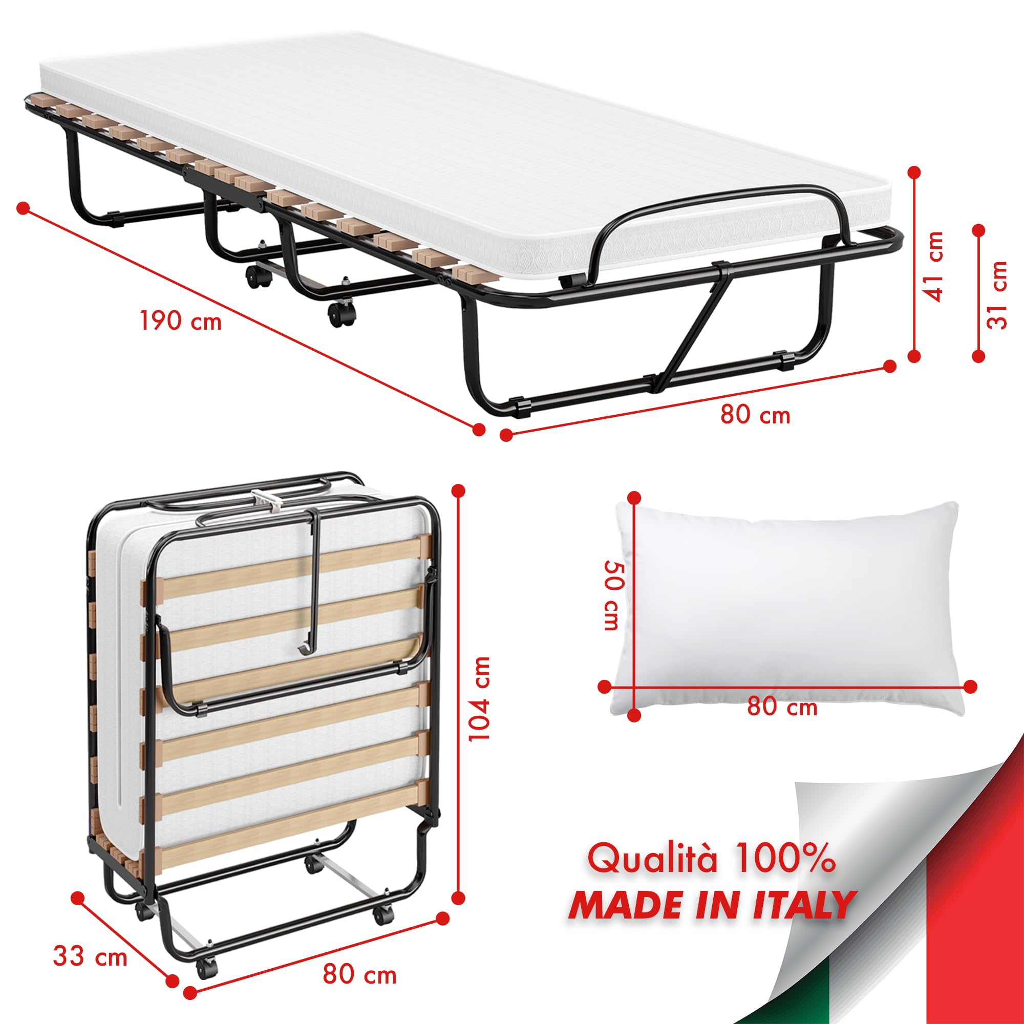 IlGruppone Brandina Pieghevole A Doghe Con Materasso Struttura Resistente Con Ruote Prodotto Italiano - Senza Cuscino
