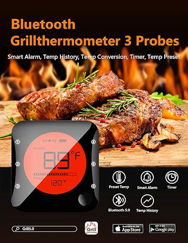 Miniatura 3 de BFOUR Termómetro Bluetooth para carne, termómetro inalámbrico para parrilla con 3 sondas, termómetro digital de alta calidad para carne, termómetro