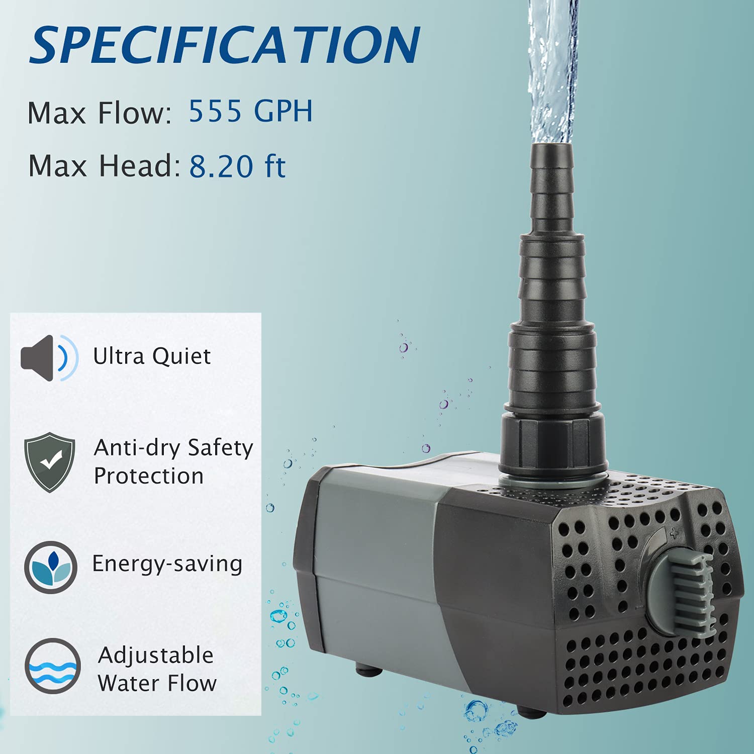WaterRebirth HSUP-2100F - Bomba de agua sumergible con chorros de fuente - Bomba de estanque - Bomba de acuario - Bomba de fuente de plástico negro - 555 GPH, 780 L/H, 110 V, electrónica, exterior