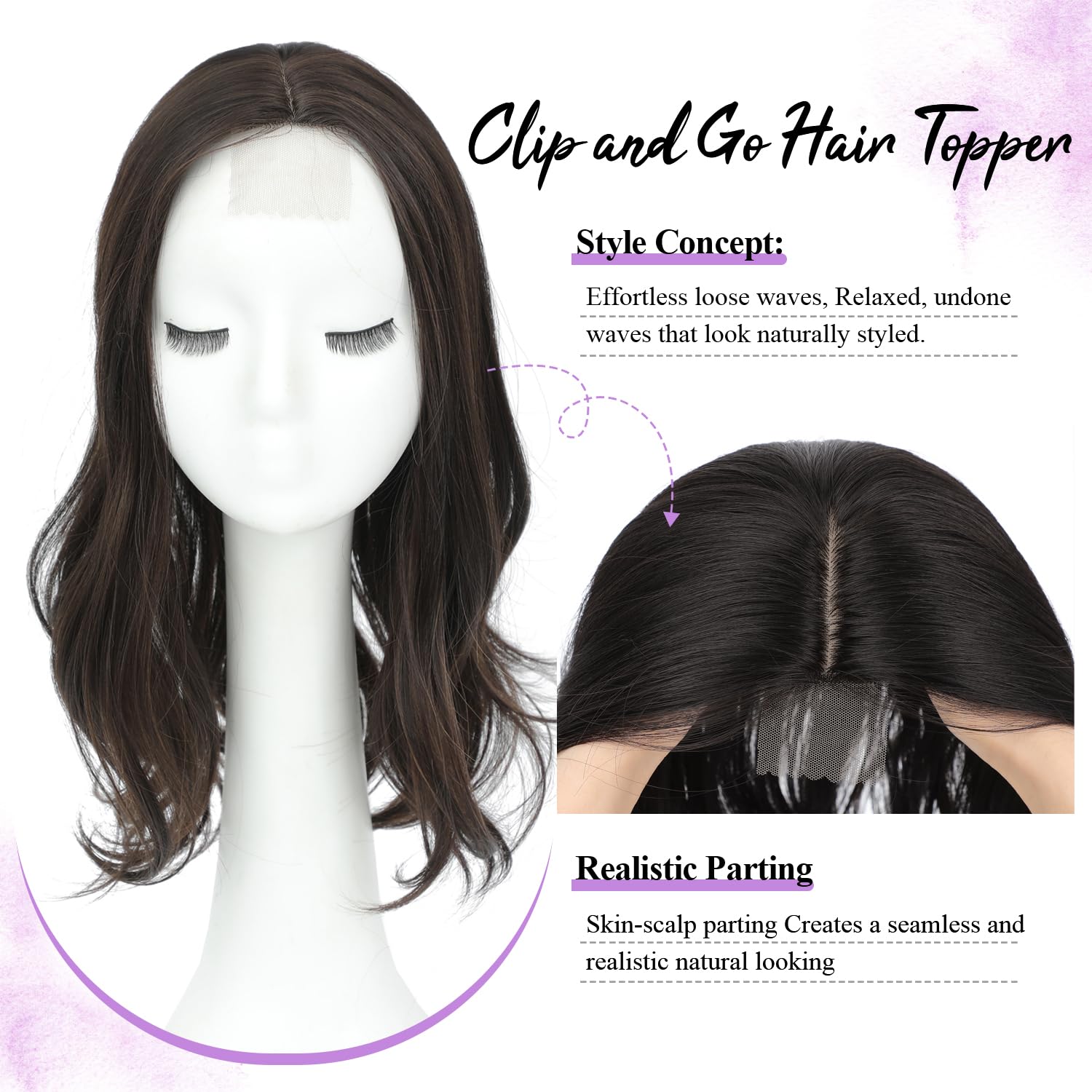 Fine Plus 18'' Hair Toppers for Women, Synthetic Dark Brown Hair Topper Adds Volume Top Coverage for Thinning Hair & Gray Roots Lightweight Hairpieces with Natural Loose Wavy Texture for Daily Wear
