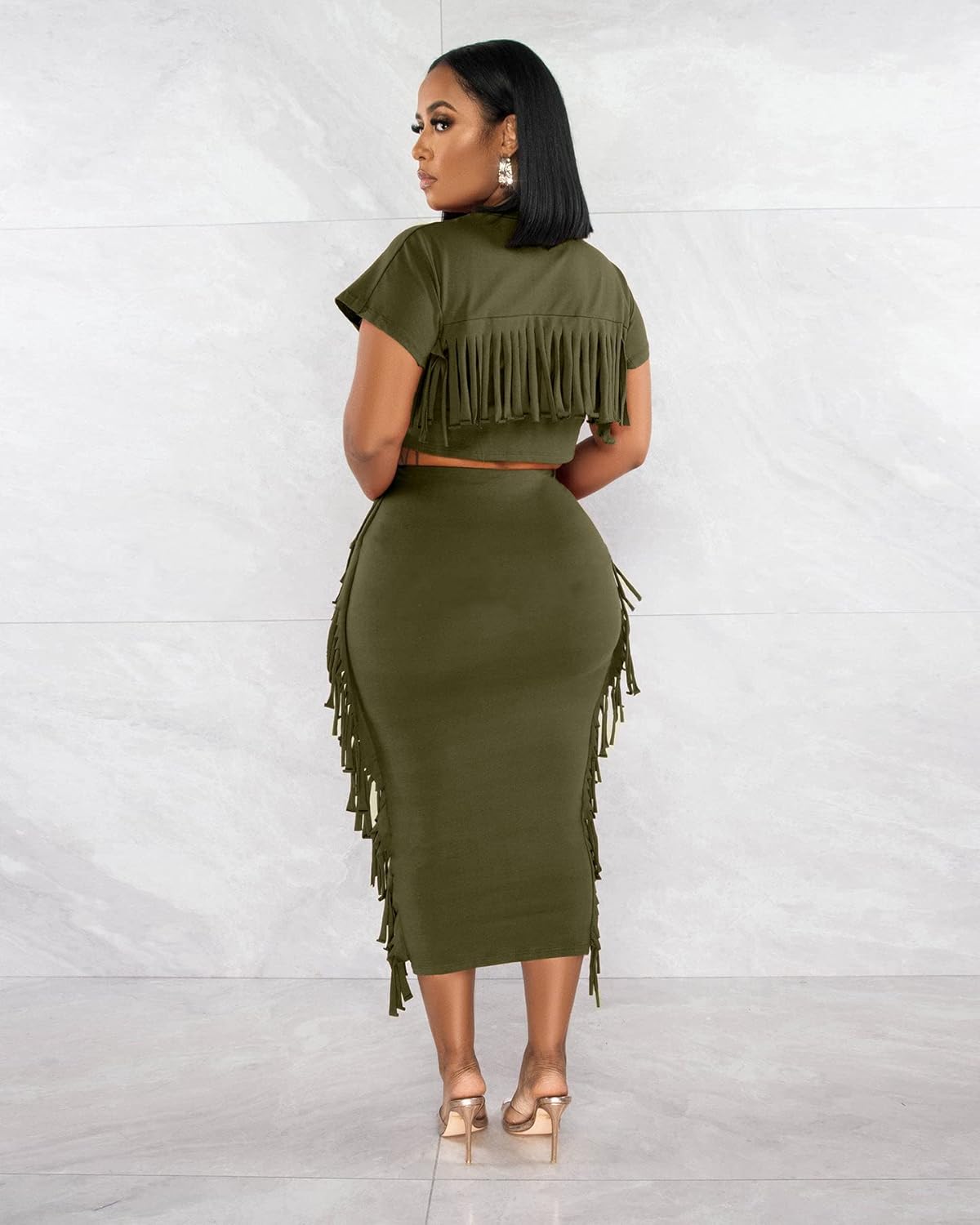YUEWOO 2 Piece Outfits for Women Sexy Crop Top Ruched Bodycon Maxi Dresses Fringe Skirt Sets Night Club Jumpsuits