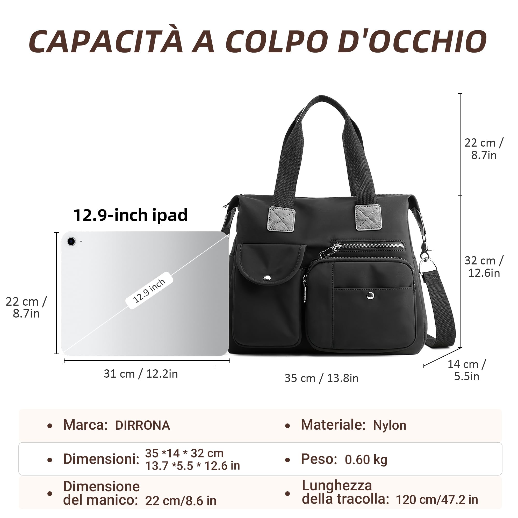 DIRRONA Borsa Tracolla Donna Borsa A Mano Casual - Borsa Tote Con Più Tasche Impermeabile E Resistente Tracolla Removibile Ideale Per Lavoro Università E Viaggio Nero Classico