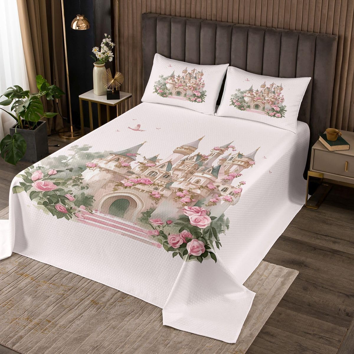 Manfei Castle Kids Bedspread Queen Size,Dreamy Princess Flower Coverlet Set,Girls Boys Room Decor,Fairy Tale Romantic Quilted Coverlet,Pink Bedding Quilt,2 Pillowcases