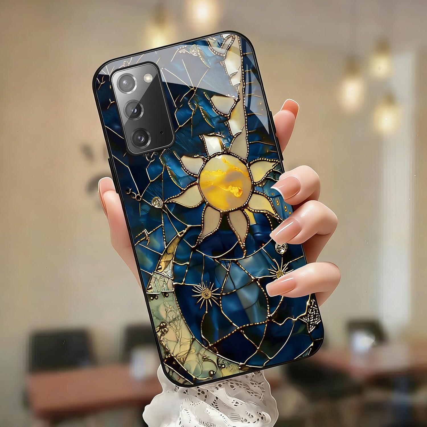 for Samsung Galaxy Note20 Case 6.7 inch Sun Moon Stained Glass Glossy Smooth Hard Finish Case, Precise Cut, Premium, Vintage Celestial Art Deco Style, Astrology Fans Unique Statement