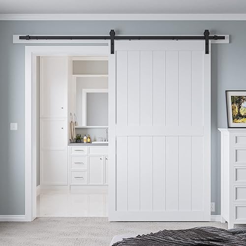 Miniatura 2 de Puerta corredera blanca de granero de 48 x 84 pulgadas, agujeros preperforados de fácil montaje, losa sólida para puerta de granero cubierta con