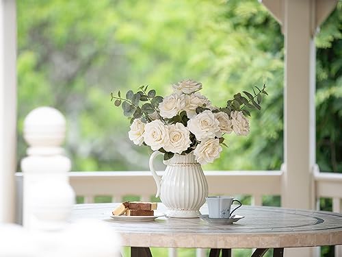 Miniatura 9 de Juego de flores de seda con flores sintéticas, 14 cabezas de tallo largo, rosas de seda de tacto real en dos ramas para decoración del hogar,