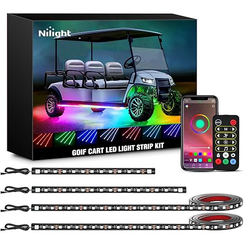 Nilight 4PCS Golf Cart Underglow LED Light Strip Dream Color Multi-Mode Neon Accent Lighting Kit APP and Remote Control Sound Active Music Sync IP67 Waterproof 12V-66V Input for EZGO Yamaha Club Car