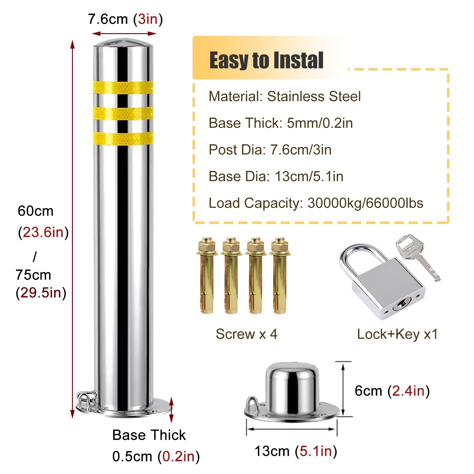 NZPOST Paletti di sosta Conici per vialetti, con Lucchetto, in Acciaio Inox, per delimitare Il Traffico (Argento, 4 Pezzi, Altezza 60 cm)