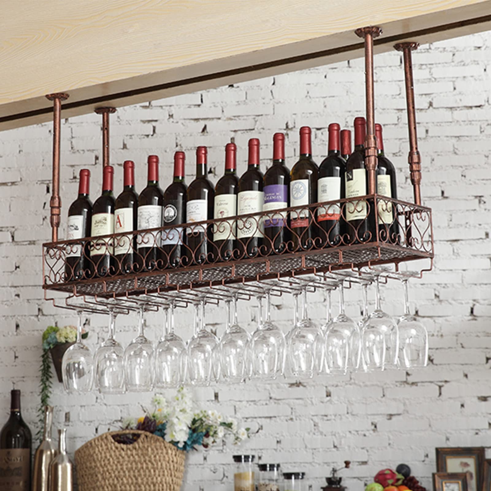 Étagère à vin flottante de plafond vintage 60cm en métal pour verres à pied et grands crus