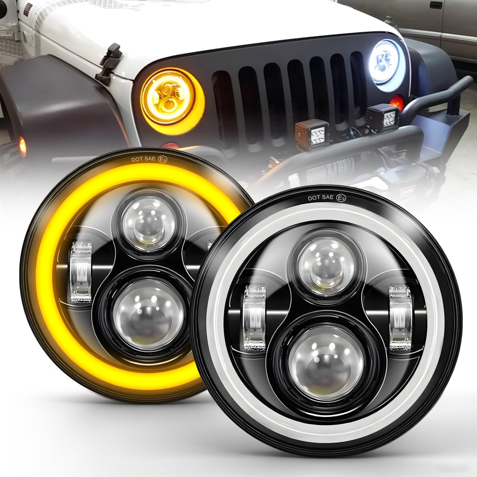 CO LIGHT LED 7 pouces Rond Phare, Blanc Ambré DRL, Blanc HI LO Beam pour Off Road Wrangler JK TJ LJ CJ H2, 6000K 12V/24V