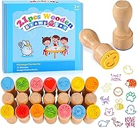 MeCids 21Pcs Wooden Stamps for Kids - Cute Animal, Rainbow, Star Patterns | Safe Art Toys, Birthday Gifts, Party Favors