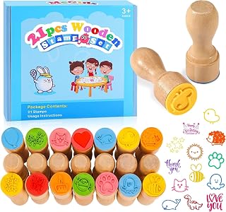 MeCids 21Pcs Wooden Stamps for Kids - Cute Animal, Rainbow, Star Patterns | Safe Art Toys, Birthday Gifts, Party Favors
