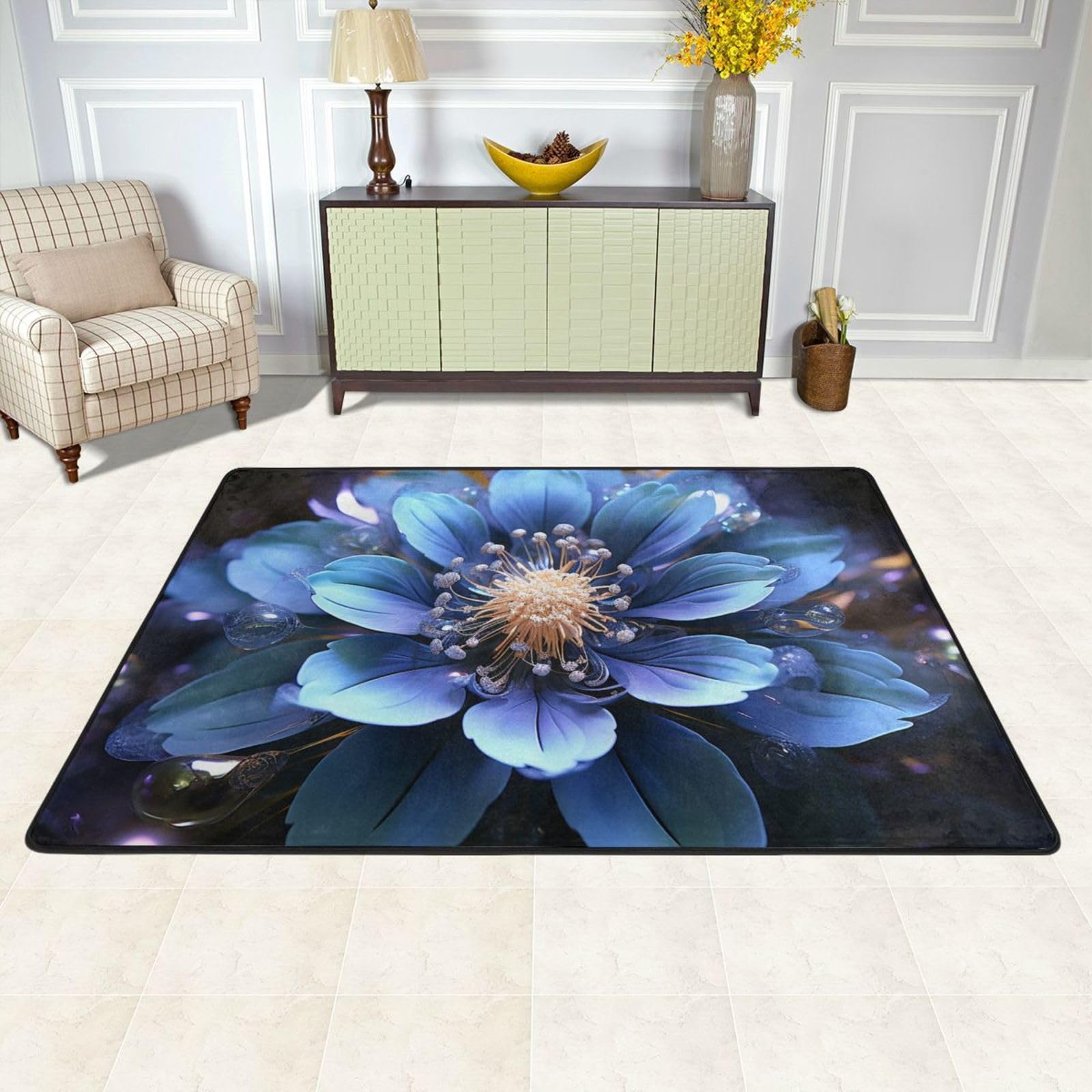 Tapis de sol buanderie et bureau antidérapant au design floral bleu élégant
