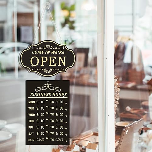 Miniatura 7 de Señales abiertas para los negocios, Señal abierta de plástico, Doble lados con "Volverá" reloj, con cadena colgante, Consulte toStore Oficina Bares