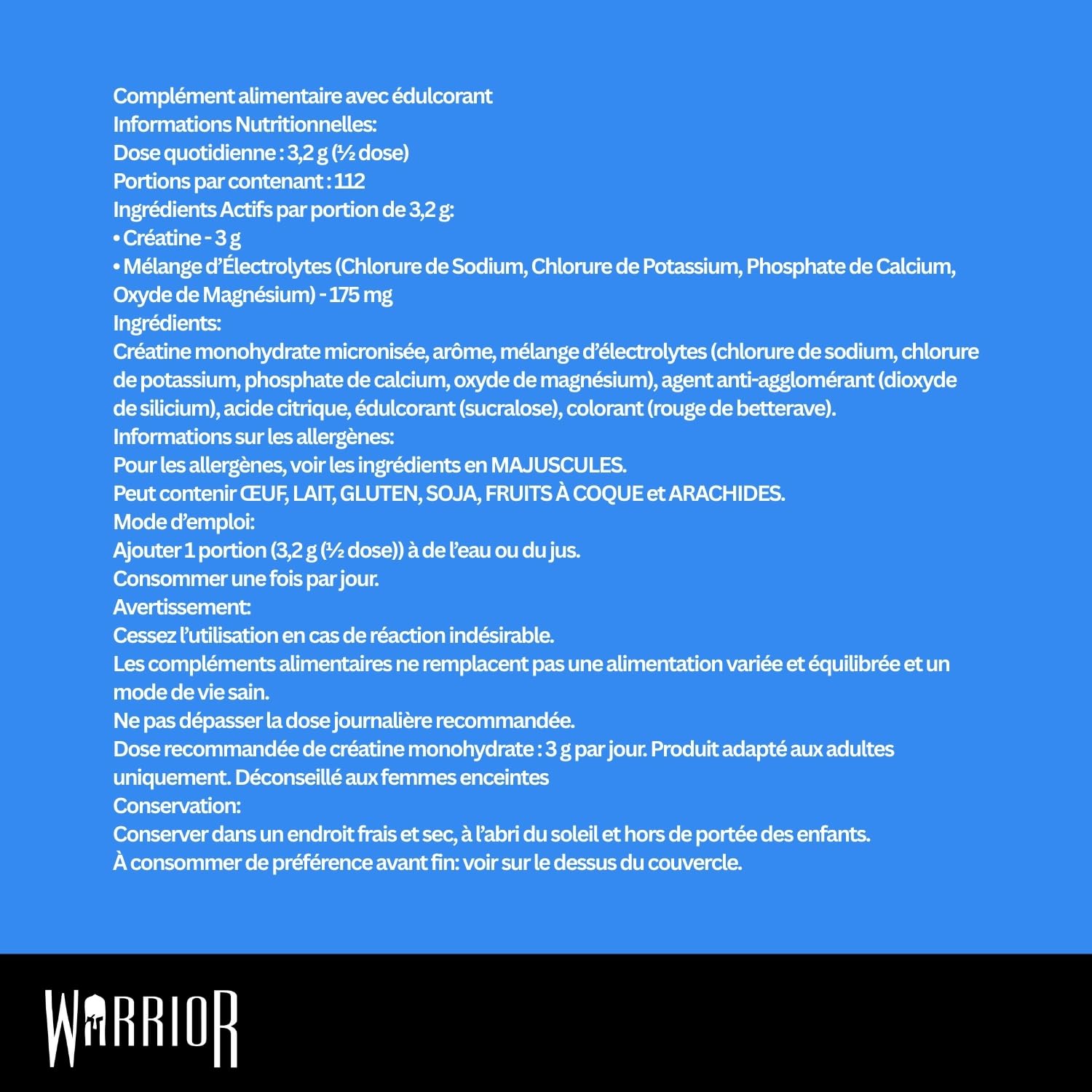 Warrior Créatine Monohydrate + Électrolytes Poudre 360 g, 80 Doses – Créatine Poudre avec Électrolytes, Intra Workout Prise de Masse & Hydratation, Sans Sucre – Mélange de Baies
