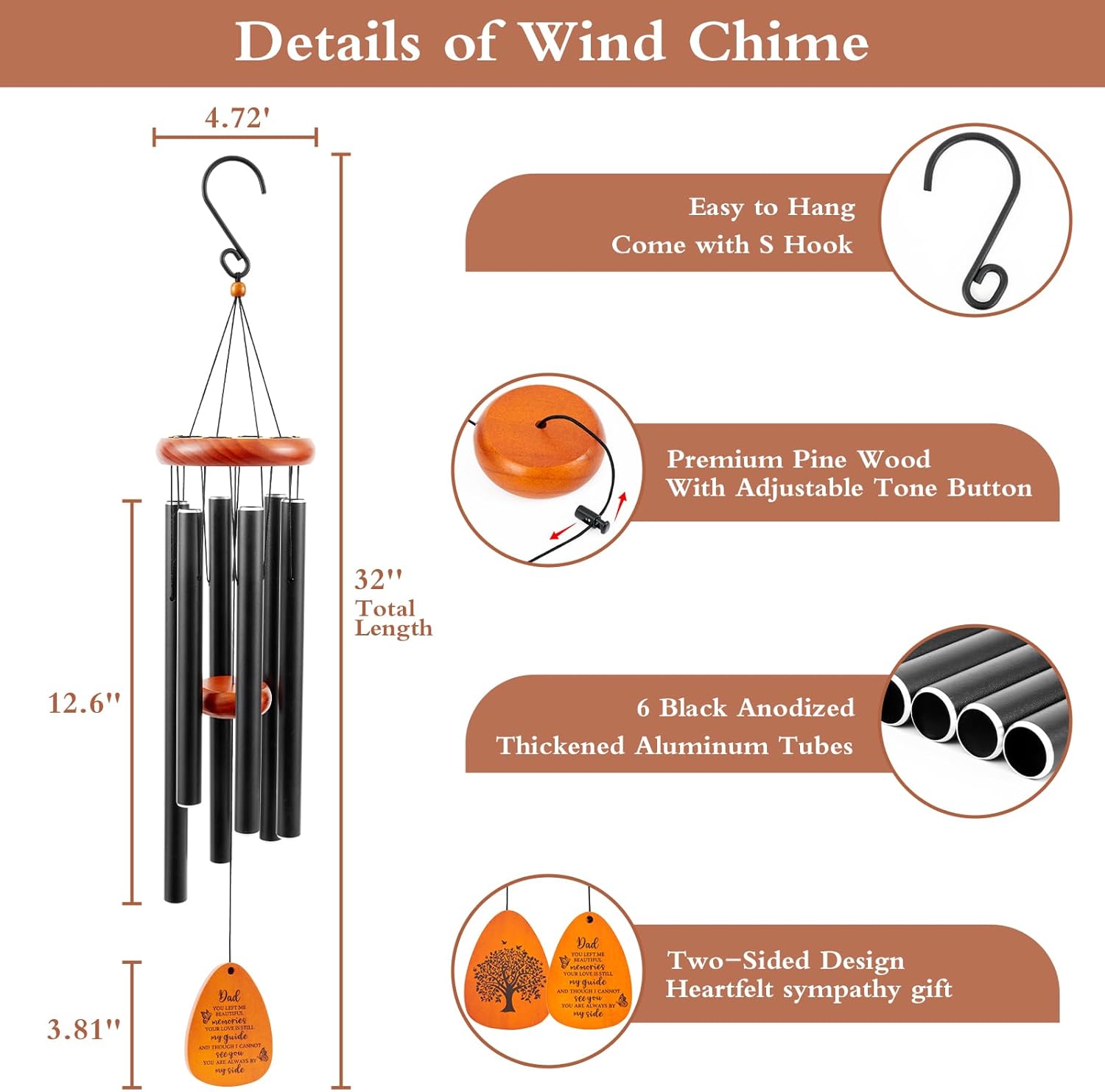 Memorial Wind Chimes Sympathy Gifts for Loss of Dad, 32'' Memorial Wind Chimes for Loss of Father, Bereavement/Sympathy/Condolence Gift, Windchimes in Memory of Dad