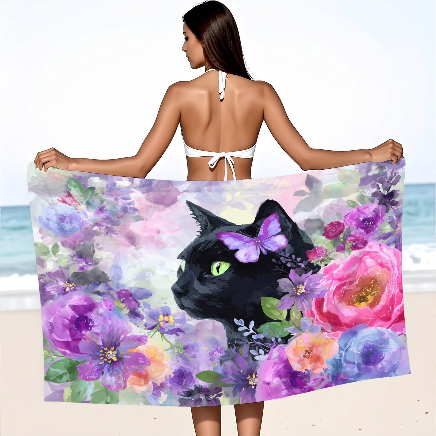 Serviette de Plage Microfibre 200 x 100 CM,Drap de Plage Élégant, Onirique, Aquarelle, Couverture de Plage Absorbante,Couverture de Bain Chat Noir, Papillon, Fleurs