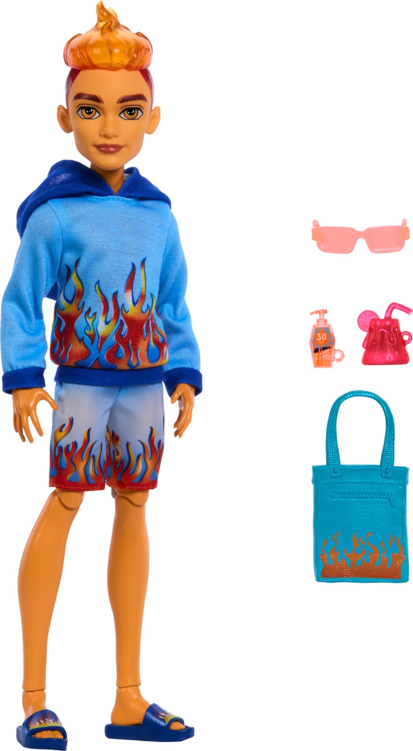 Scare-adise Island Heath Burns Doll with Flame Hoodie, Swim Trunks & Beach Accessories Like Sunglasses
