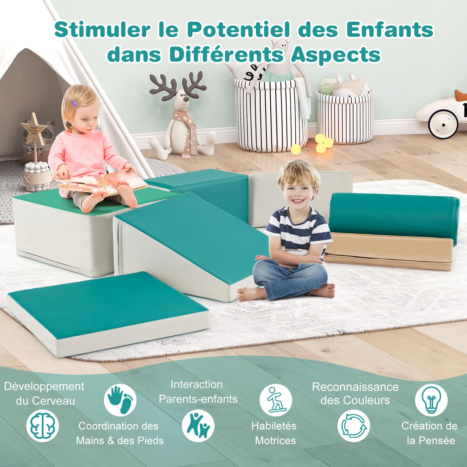 DREAMADE 7 PCS Parcours Motricité Bébé, Modules de Motricité en PU, Jouet d'apprentissage Créatif Convertible, pour Maison, Crèche, Écoles Maternelles (style2-vert&Blanc)