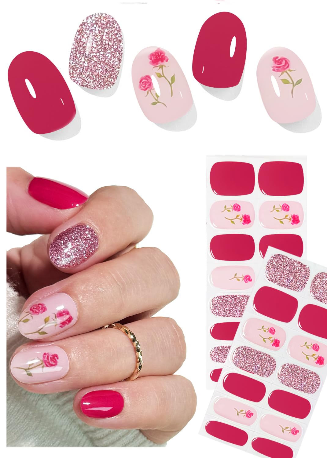 Autocollant Ongle Gel UV, rose rose 30pcs Bandes d'ongles en Gel Semi durcis pour Nail Art DIY