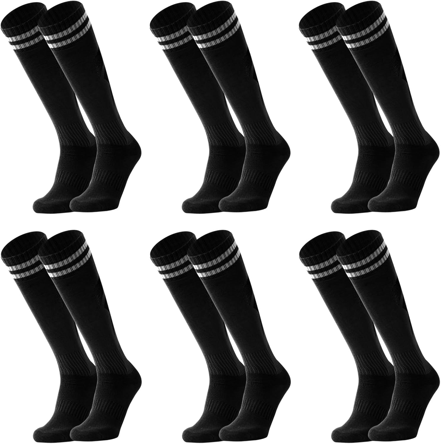 6 Pairs Kids Soccer Socks Striped Knee High Tube Socks Football Uniform Sports Socks for Boys Girls 6-12Years Old