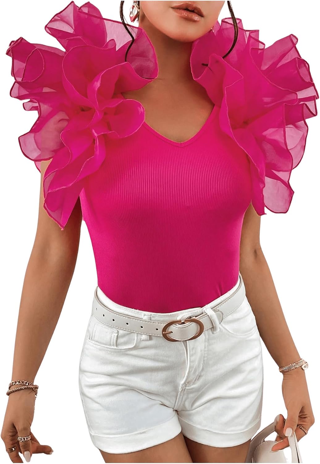 OYOANGLE Women's Short Sleeve Layer Ruffle Blouses V Neck Rib Knitted Tops - Image 5