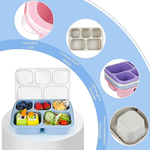 Miniatura 4 de MaMix Bento Box - Lonchera para adultos, caja Bento de 5 compartimentos para adultos, paquete de 4 unidades, contenedores reutilizables apilables