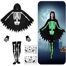 RunNico 5 Pcs Halloween Glowing Skeleton Hooded Poncho, 46 Halloween Skeleton Cape Set with Gloves Socks Face Stickers, Day of The Dead Ghost Poncho Costume for Women Adult Themed Cosplay Party