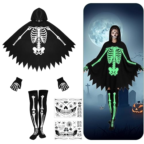 RunNico 5 Pcs Halloween Glowing Skeleton Hooded Poncho, 46'' Halloween