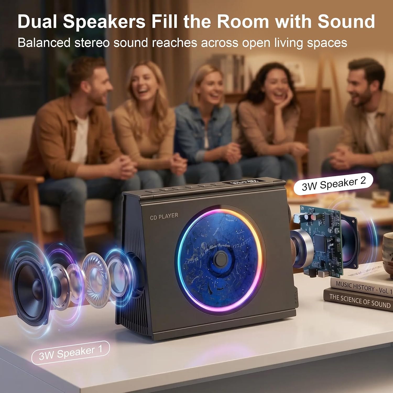 Gueray CD Player Portable: CD Players for Home 4000mAh Rechargable with HiFi Sound & Dual Bluetooth & Dual Speakers with LCD Screen Display & Timer Boombox FM Radio USB Type-C