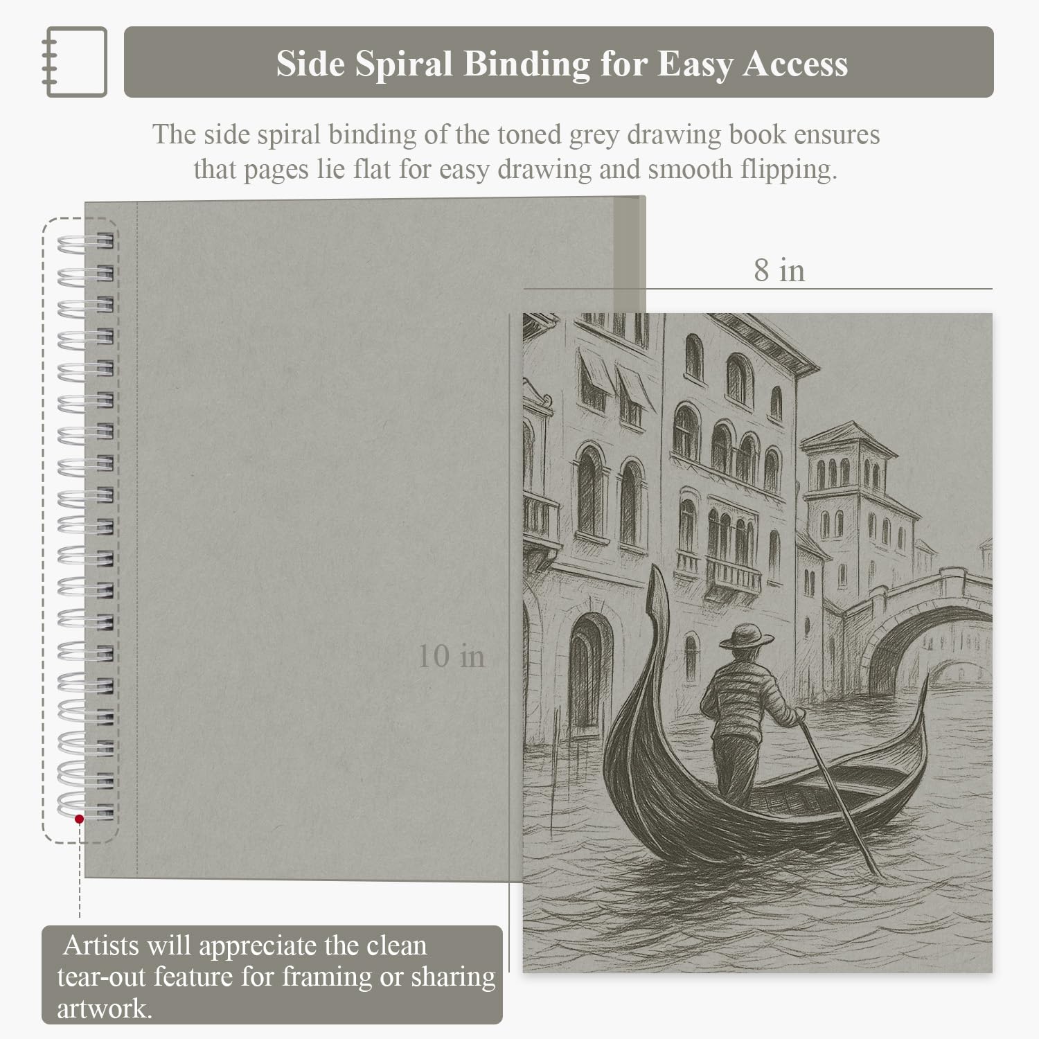 Sufly Blocco da disegno in carta grigia da 20,3 x 25,4 cm, 60 fogli pesanti, rilegato a spirale per ombreggiatura, illuminazione e pratica di valore
