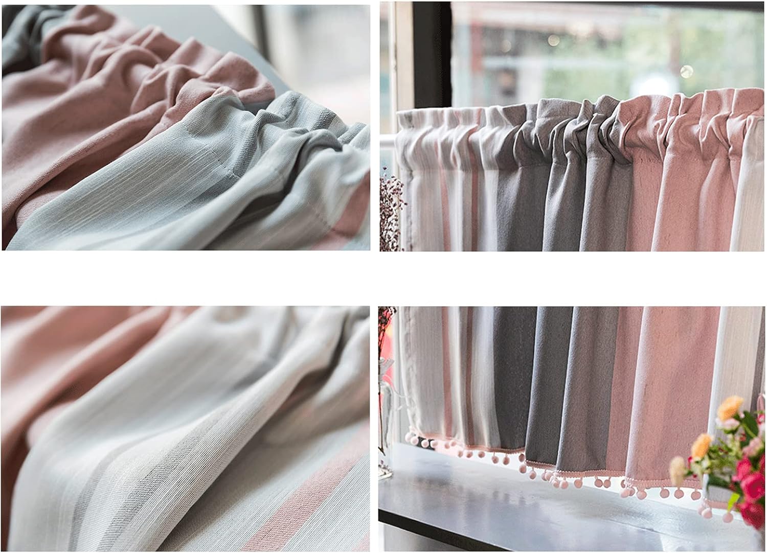 Kitchen Curtain Multicolor Striped Half Curtain,Cafe Curtains Country Style,Bistro Curtain for Kitchen Bedroom,Short Curtain with Pompoms,Tier Curtains Valance,Curtains Made of Cotton and Linen