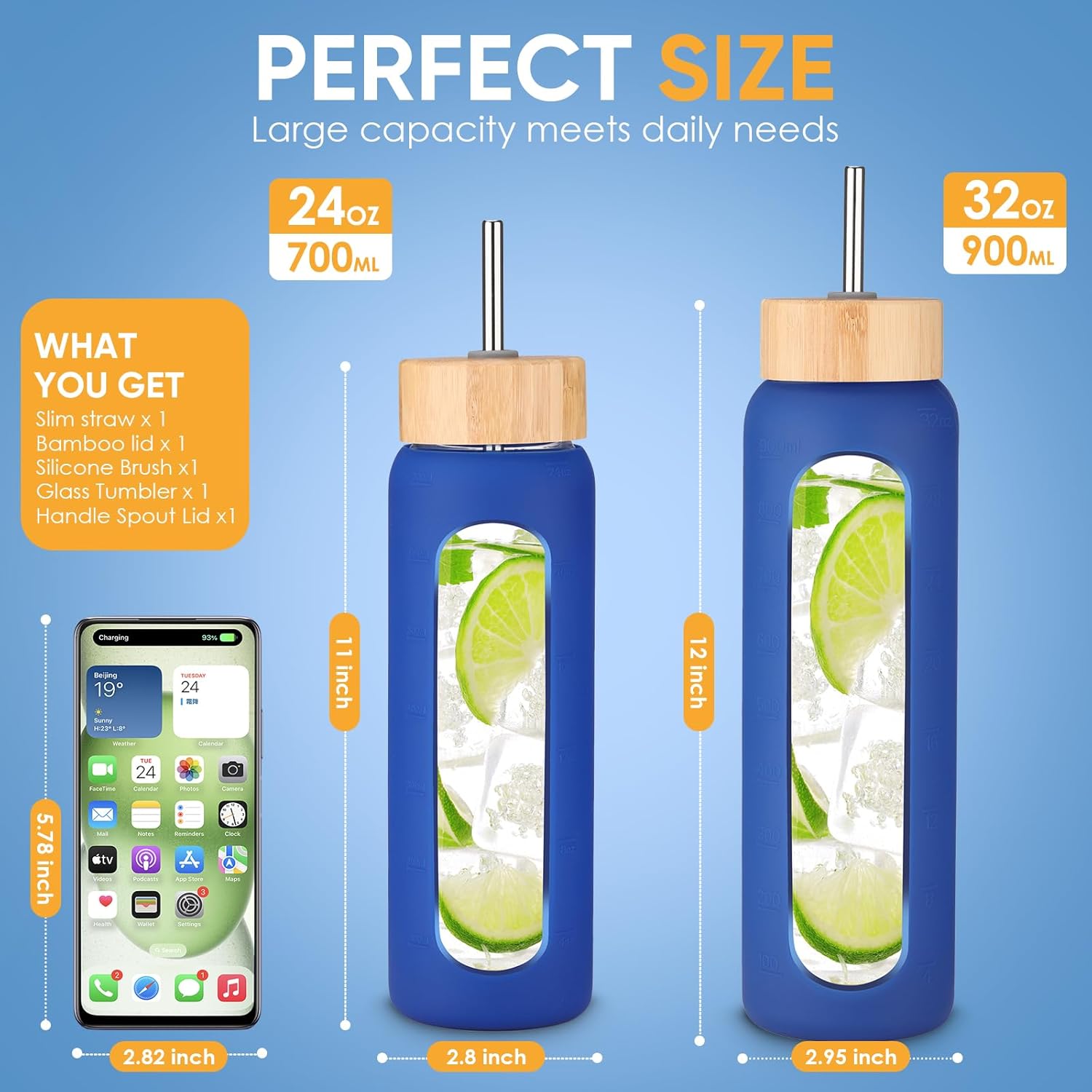 24 oz Glass Water Bottles with Straw and Lid 1 Liter Borosilicate Glass Tumbler With Silicone Sleeve and 2 Lids, Handle Spout & Bamboo Straw Lid, Leakproof BPA Free for Gym, Office, Home & Travel