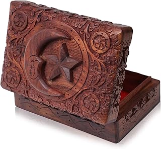 Artisans Of India Caja de madera para baratijas de 7 x 5 pulgadas, organizador de joyas de madera Sheesham, caja de recuerdos, caja de almacenamiento de tesoros, caja de reloj, caja de almacenamiento bellamente tallada en tema de luna