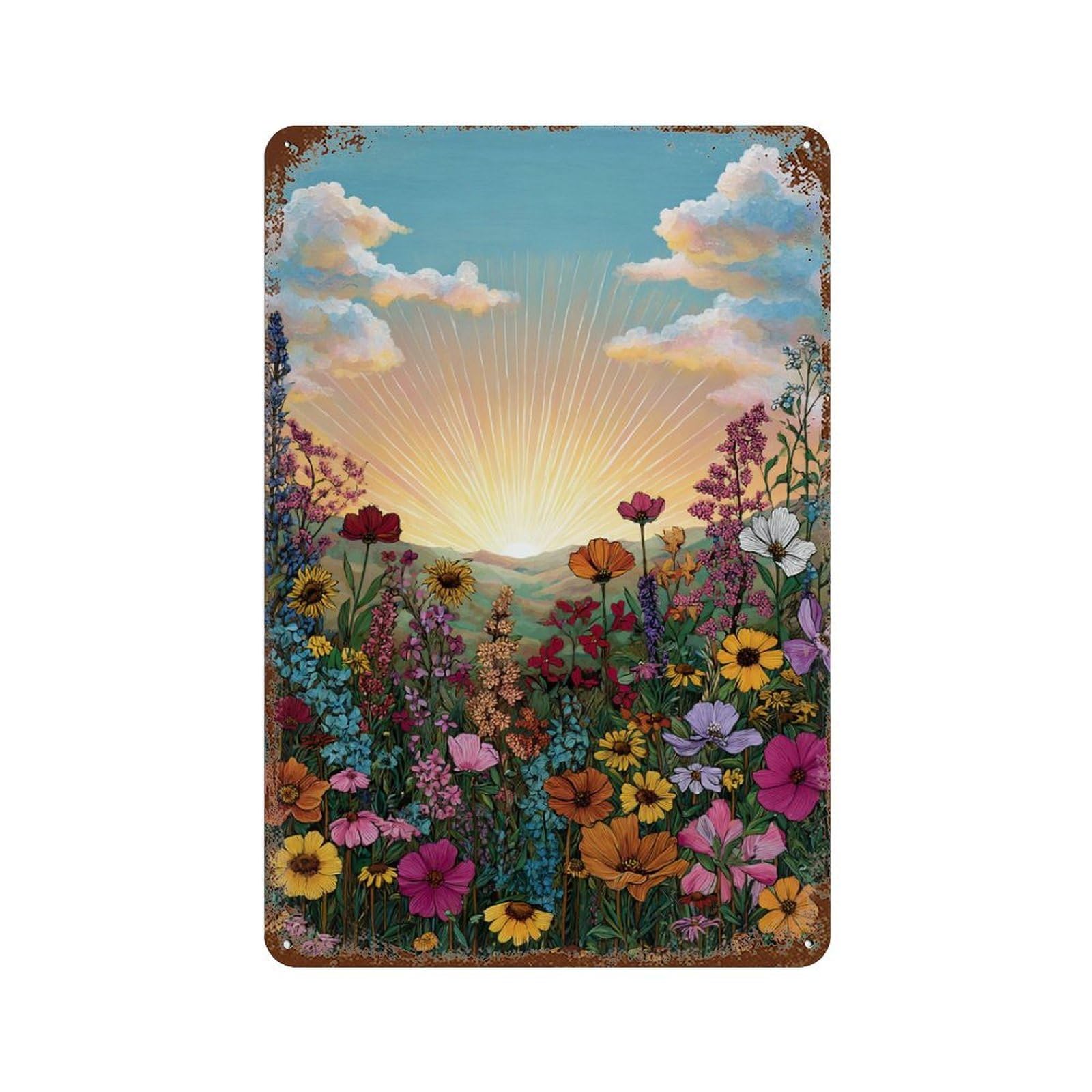 Wildflower Sunset Garden Decorative Tin Sign 11.8"x7.9", Vintage Wall Decor for Basement, Hobby Room And Garage Decor