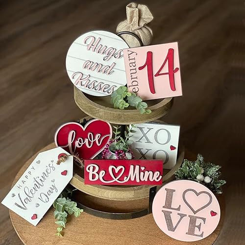 Juego de 7 decoraciones de mesa para el día de San Valentín decoraciones de bandeja escalonada de madera decoración dulce del día de San Valentín