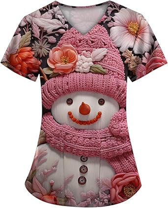 OIOLOYJM Halloween Christmas Scrub Tops Women Printed V Neck Short Sleeve Plus Size Scrubs for Womens Shirts with Pockets
