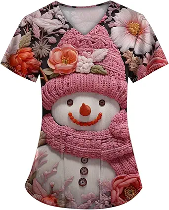 OIOLOYJM Halloween Christmas Scrub Tops Women Printed V Neck Short Sleeve Plus Size Scrubs for Womens Shirts with Pockets