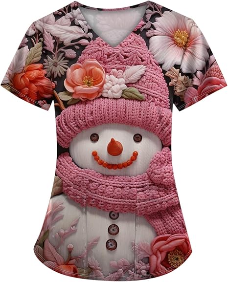 OIOLOYJM Halloween Christmas Scrub Tops Women Printed V Neck Short Sleeve Plus Size Scrubs for Womens Shirts with Pockets