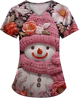 DIYIOUZHOU Christmas Scrubs Tops for Women Dog Grooming Cat Grooming Cute Printed V Neck Women\'s Christmas Scrubs Beauty Work Tops Care Uniform Healthcare Tunics
